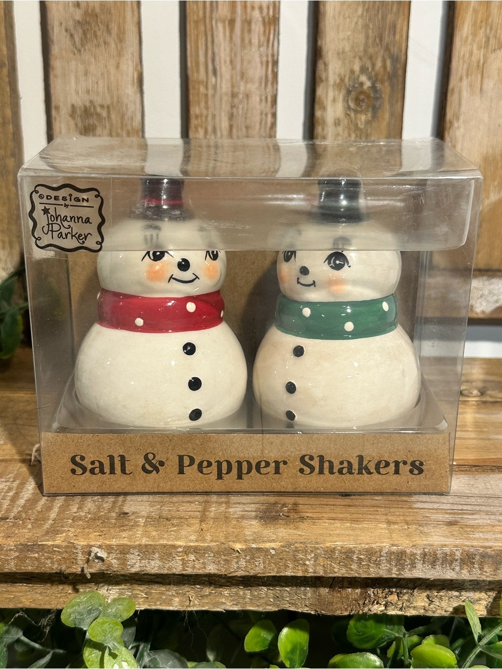 Johanna Parker Carnival Cottage Red & Green Snowman Salt and Pepper Shakers